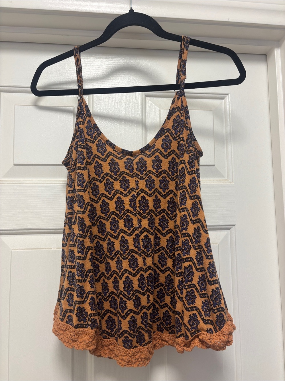 Ecote Orange and Black Patterned Crochet-Hem Tank